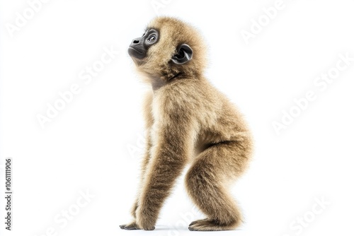 the beside view baby Gibbon primate standing, left side view, low angle, white copy space on right, Isolated on White Background