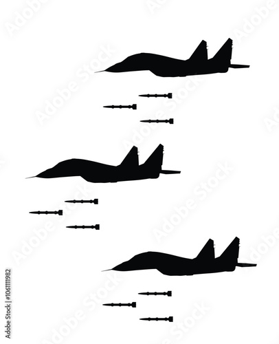 Military air strike bombing fighter jets planes attack enemy ground troops vector silhouette illustration isolated. Missile artillery rocket launcher and radar air surveillance protect formation.