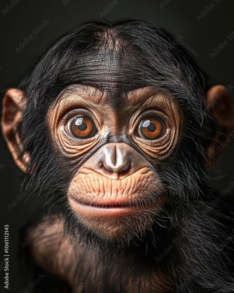 Mystic portrait of baby Chimpanzee primate, copy space on right side, Headshot, Close-up View, isolated on white background Mystic portrait of baby Chimpanzee primate, copy space on right side, Headshot, Close-up View, isolated on white background