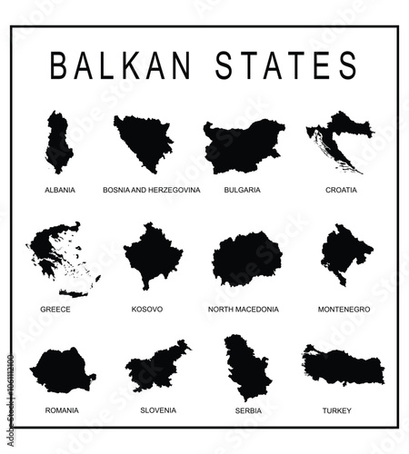 Balkan territory states map vector silhouette illustration isolated. Albania Bosnia Bulgaria Croatia Greece Kosovo Macedonia Montenegro Romania Slovenia Serbia Turkey. National symbol shape shadow.