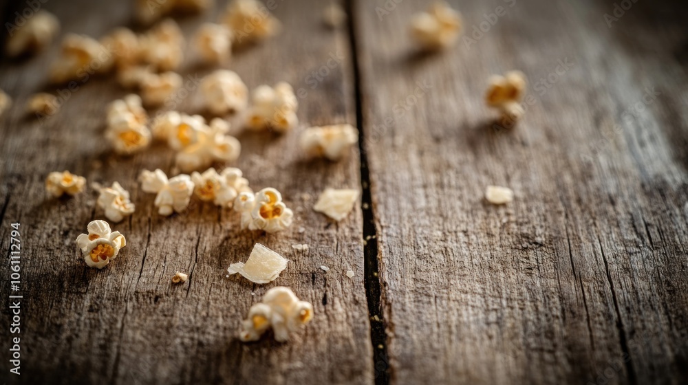 Fototapeta premium A close up shot of popcorn scattered on a wooden surface.