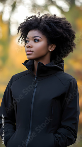 A young black woman confidently enjoys the outdoors in a black jacket, exuding style and empowerment. 