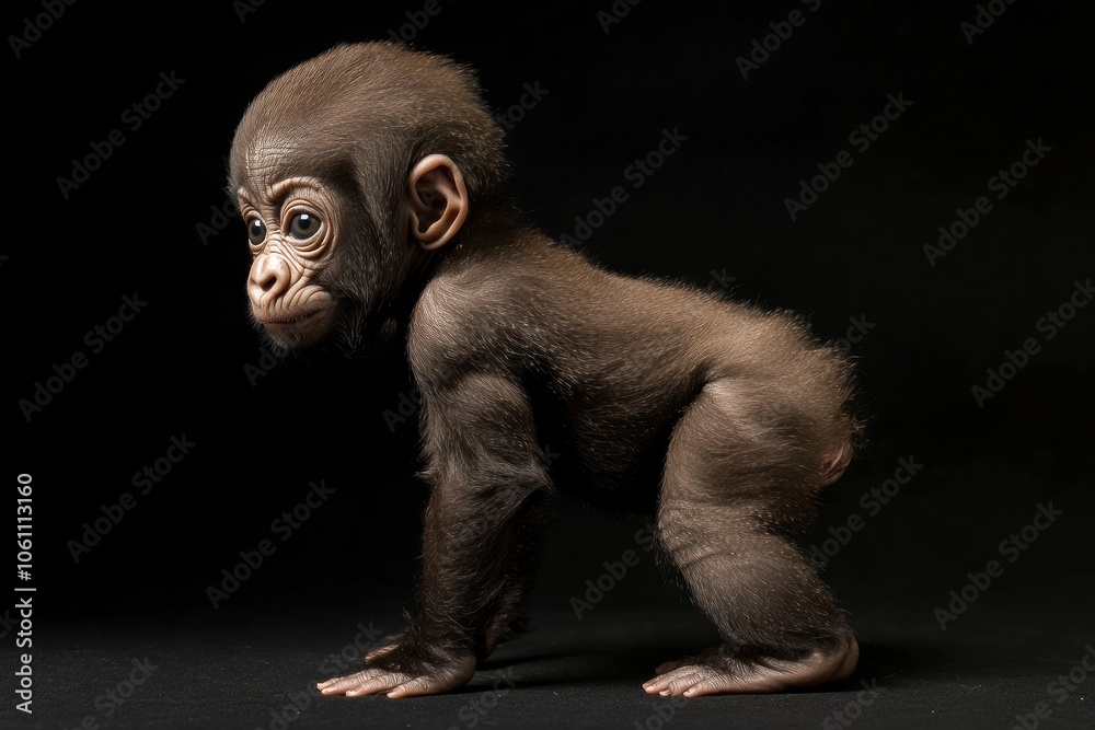the beside view baby Gorilla primate standing, left side view, low angle, white copy space on right, Isolated on black Background the beside view baby Gorilla primate standing, left side view, low angle, white copy space on right, Isolated on black Background