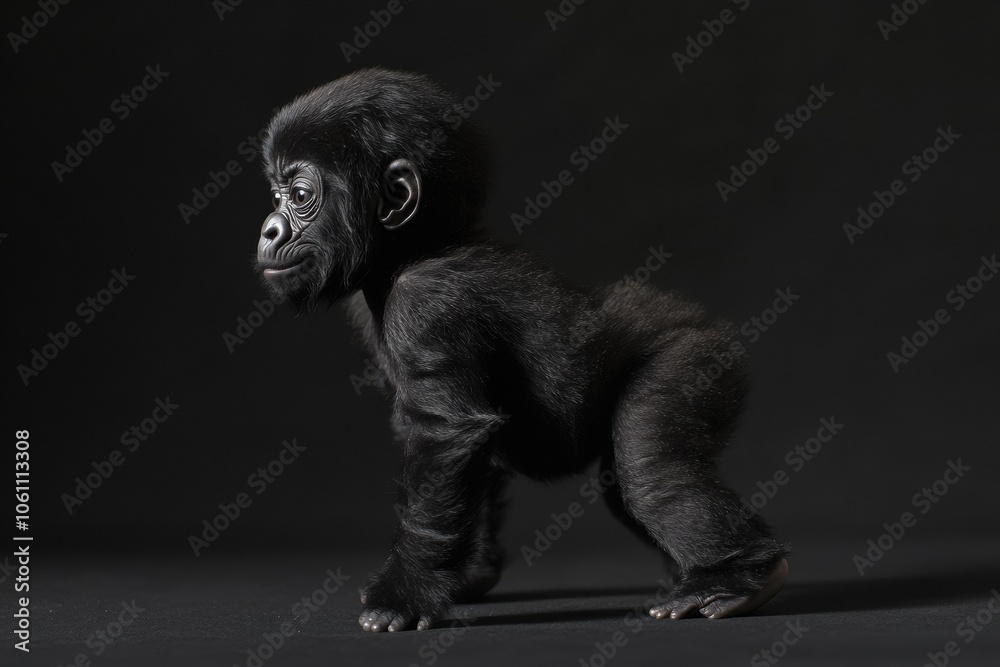 the beside view baby Gorilla primate standing, left side view, low angle, white copy space on right, Isolated on black Background the beside view baby Gorilla primate standing, left side view, low angle, white copy space on right, Isolated on black Background