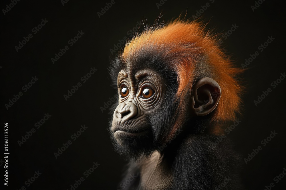 Obraz premium Mystic portrait of baby Gorilla primate in studio, copy space on right side, Headshot, Close-up View, isolated on black background