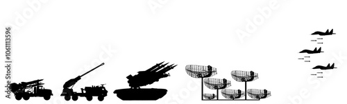 Military air strike bombing fighter jets planes attack enemy ground troops vector silhouette illustration isolated. Tank missile artillery rocket launcher and radar air surveillance protect defense.