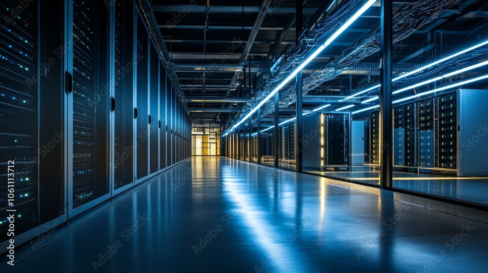Wide-angle photography of an empty modern server room interior at nighttime, illuminated by LED strip lighting, showcasing shadows with server racks and network cables. Wide-angle photography of an empty modern server room interior at nighttime, illuminated by LED strip lighting, showcasing shadows with server racks and network cables.