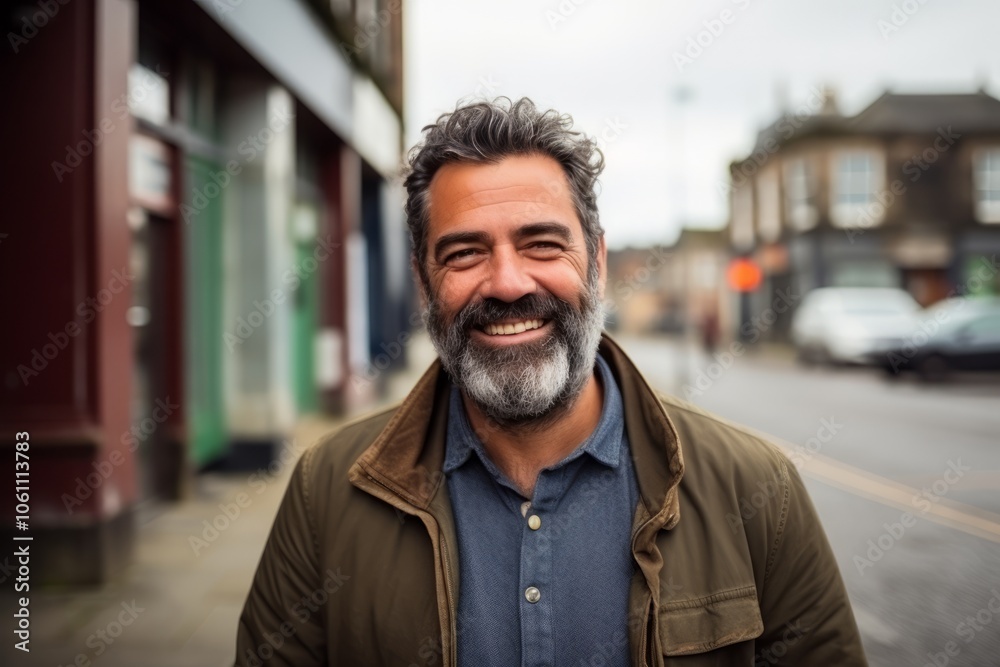 Portrait of a handsome middle-aged man with grey hair and beard smiling at the camera. Portrait of a handsome middle-aged man with grey hair and beard smiling at the camera.