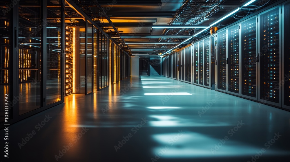 Wide-angle photography of an empty modern server room interior at nighttime, filled with shadows, server racks, and network cables, with LED strip lighting illuminating the room. Wide-angle photography of an empty modern server room interior at nighttime, filled with shadows, server racks, and network cables, with LED strip lighting illuminating the room.