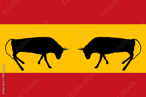 Spain flag Bullfights bull battle vector silhouette illustration isolated. Breeding bull shape shadow genetic material insemination. Organic food. Strong animal powerful bull horns fighting in corrida