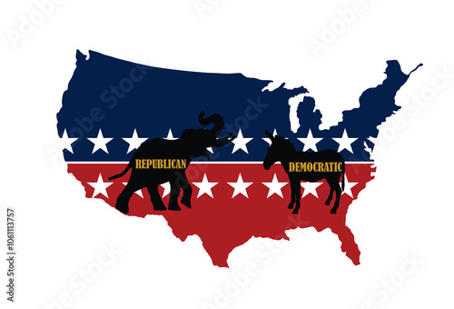 Republican VS democrat political parties USA map flag symbol. USA presidential campaign American political election vote. US patriotic sign. Presidental election day. Vote 2024 in USA, banner vector.