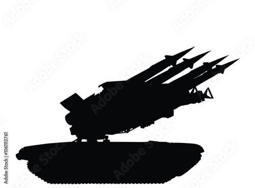 Artillery rocket launcher vector silhouette illustration. Rocket carrier platform tank missile. Nuclear bomb weapon war treat.  Bomb air. Powerful missile destruction shape shadow projectile attack.