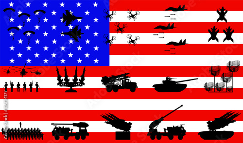 USA flag national security. Military fighter jets planes. Ground troops vector silhouette isolated. Tank missile artillery rocket launcher. Navy Radar air force surveillance army defense drone bombing