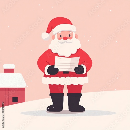 Santa Claus stands in the snow holding a list in front of a small house.