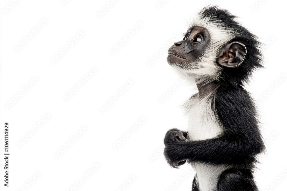 the beside view baby Colobus primate standing, left side view, low angle, white copy space on right, Isolated on White Background the beside view baby Colobus primate standing, left side view, low angle, white copy space on right, Isolated on White Background