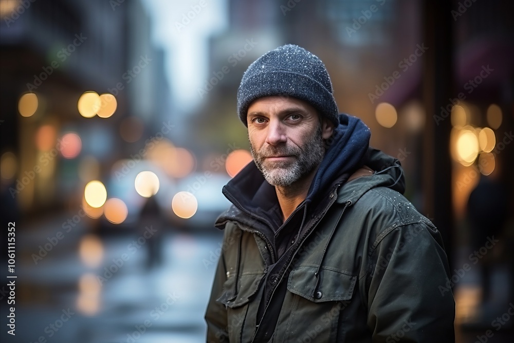 Portrait of a handsome man with beard and hat in the city at night Portrait of a handsome man with beard and hat in the city at night