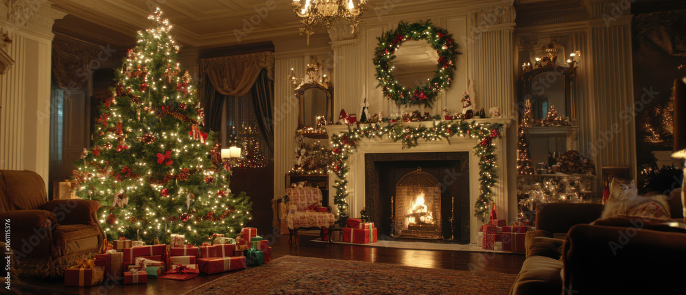 Room Decorated for Christmas, with a Fluffy Tree, Garland, and Festive Atmosphere Room Decorated for Christmas, with a Fluffy Tree, Garland, and Festive Atmosphere