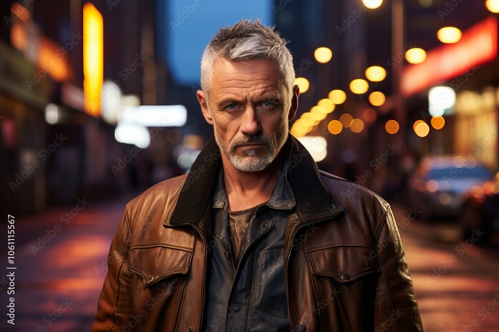 Handsome middle aged man with beard wearing a leather jacket in a night city. Handsome middle aged man with beard wearing a leather jacket in a night city.