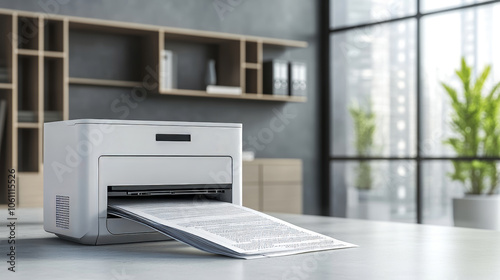 Printer as a secretary organizing paperwork, isolated on a modern office background.