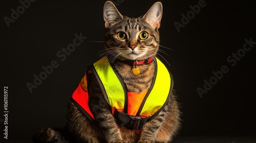 Studio shot of a cat wearing a reflective vest for Night Shift Worker Safety Week.
