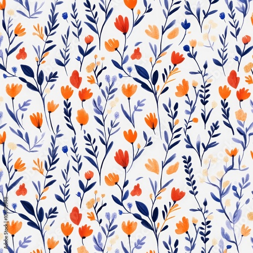 Seamless pattern with blue and orange flowers and leaves on a white background.