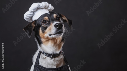 Studio shot of a dog wearing a chef apron promoting a culinary arts festival.
