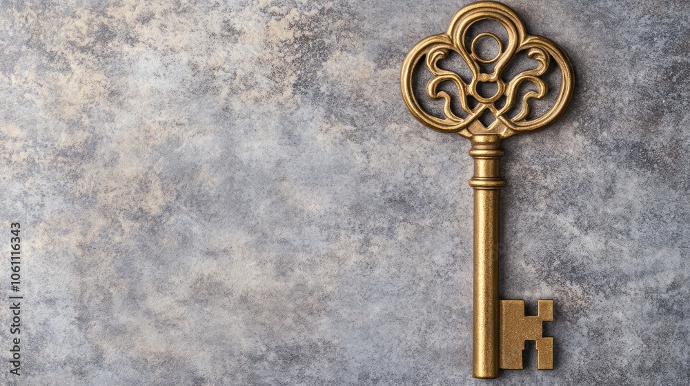 Ornate Gold Key on a Gray Textured Surface