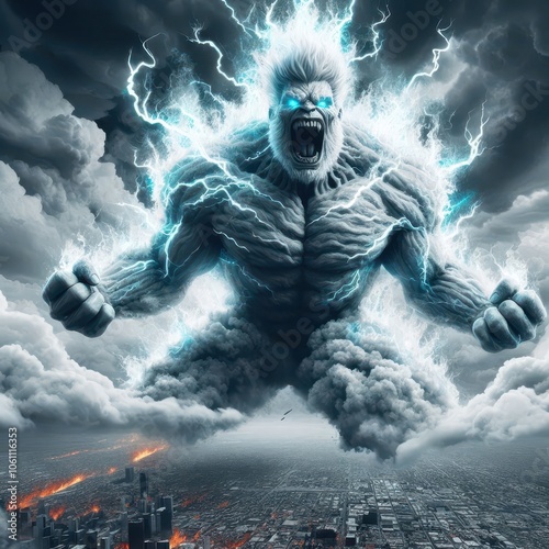 Ai generated illustration of a human flying monster giant fire smoke in the form of a a storm flying in the cloud sky of smoke and streaks of lightning on its body with city destroyed by fire photo