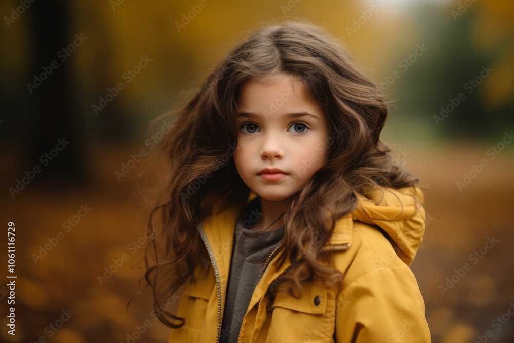 Portrait of a beautiful little girl in a yellow raincoat in the autumn forest. Portrait of a beautiful little girl in a yellow raincoat in the autumn forest.
