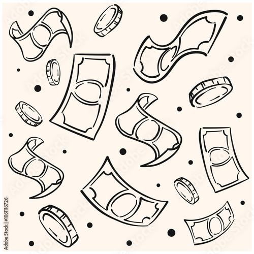 Money rains With illustration style doodle and line art