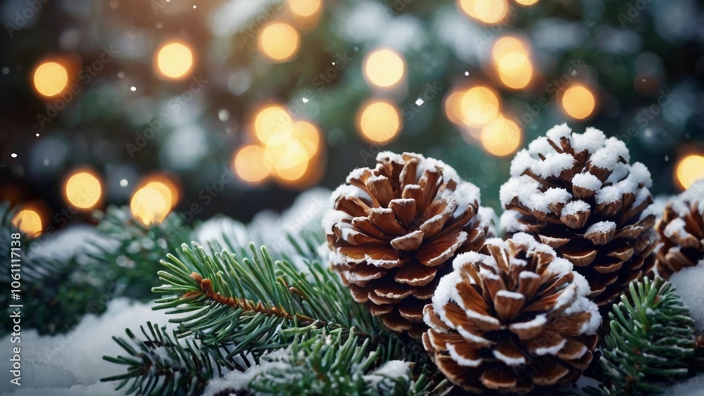 Rustic Christmas Background with Fir and Cones Rustic Christmas Background with Fir and Cones