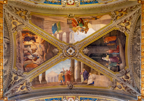 VOGHERA, ITALY - SEPTEMBER 12, 2024: The ceiling fresco with the scenes from life of St. Lawrence from side nave of Domo - Collegiata di San Lorenzo by Rodolfo Gambini (1909).