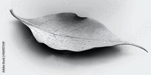 Serene Dewdrop Leaf: A grayscale close-up of a single leaf, delicately adorned with morning dew, evokes a sense of tranquility and natural beauty. 
