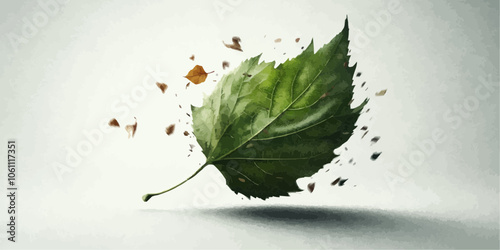 Disintegrating Leaf: A single green leaf, rendered in exquisite detail, is caught in a moment of disintegration, with fragments flying off in a mesmerizing dance of decay.