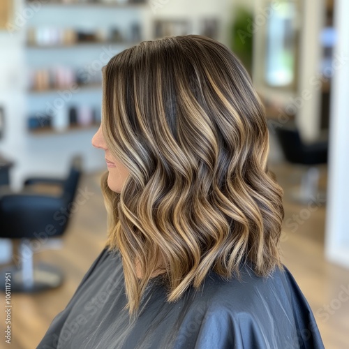 Side view of a woman with long, wavy, brown hair with blonde highlights.