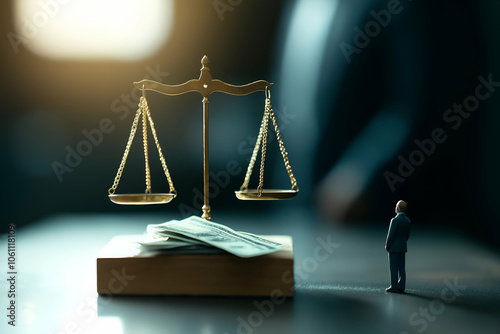 Miniature businessman facing a large scale of justice balanced with cash, symbolizing ethical dilemmas, financial decisions, and the impact of wealth in the legal system, under dramatic lighting photo