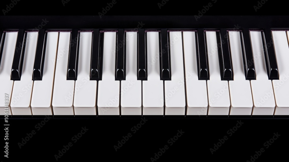 A close-up view of a piano keyboard highlighting the black and white keys, emphasizing the instrument's classic design. A close-up view of a piano keyboard highlighting the black and white keys, emphasizing the instrument's classic design.