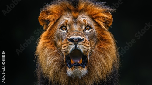 Black and white stock photo of a lion roaring.