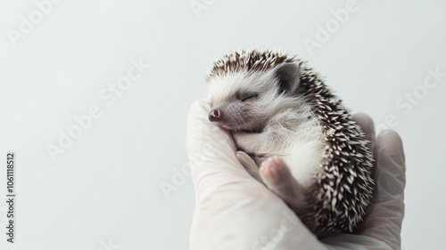 A hedgehog being gently held in a gloved hand, showcasing its small stature and unique spiny coat against a light background. photo