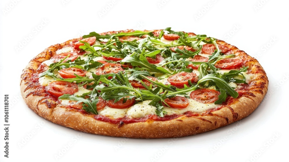 A delicious pizza topped with fresh tomatoes and leafy arugula on a golden crust, perfect for a satisfying meal. A delicious pizza topped with fresh tomatoes and leafy arugula on a golden crust, perfect for a satisfying meal.