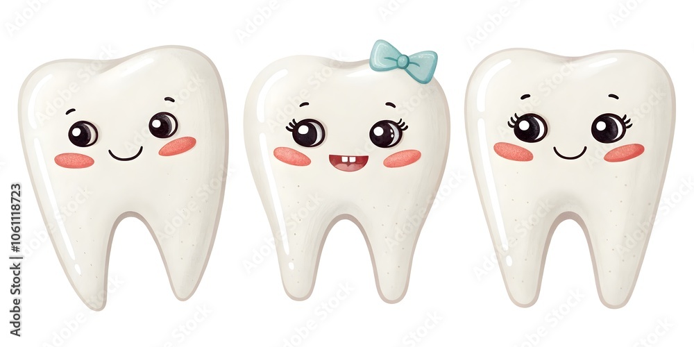 A group of adorable little teeth, alone on a white background in a cartoon drawing. A group of adorable little teeth, alone on a white background in a cartoon drawing.