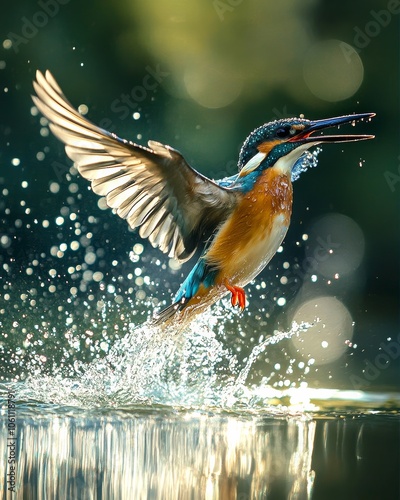 Focused Bird Catching Fish in Water