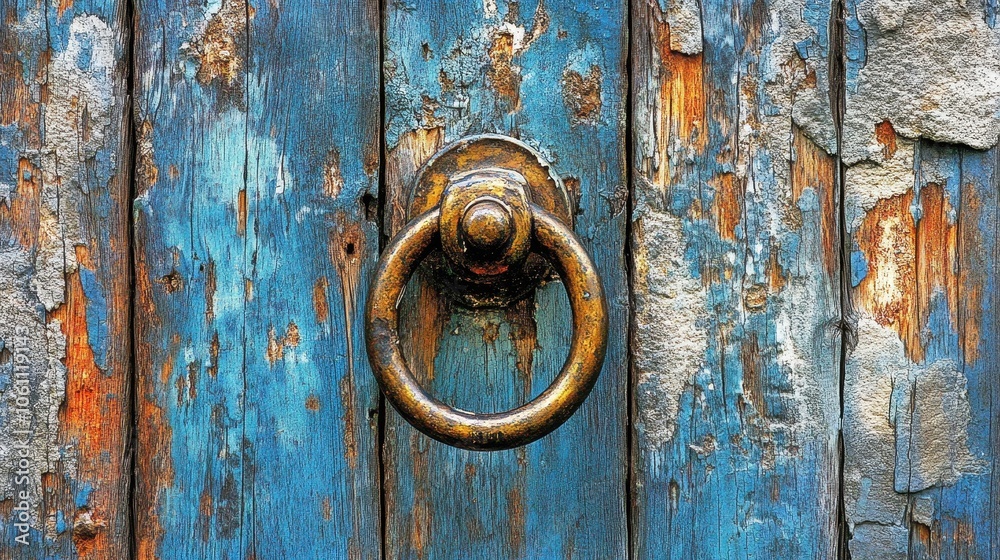 Weathered Wooden Door with Rustic Metal Knocker Weathered Wooden Door with Rustic Metal Knocker