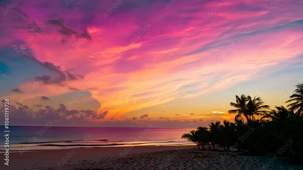 pink view beach sky two palm trees vibrant Sunset purple ocean tree serene nature scenic travel vacation tropical horizon evening peaceful dusk tranquil scenery coastline beautiful glow relaxing land