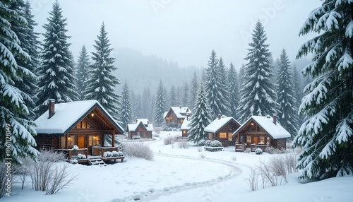 Snowy village among pine trees with deep greens and whites, featuring tall pines and cozy cabins in a natural and serene setting