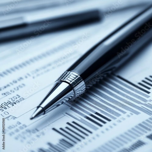 Silver pen lying on a document with barcodes.