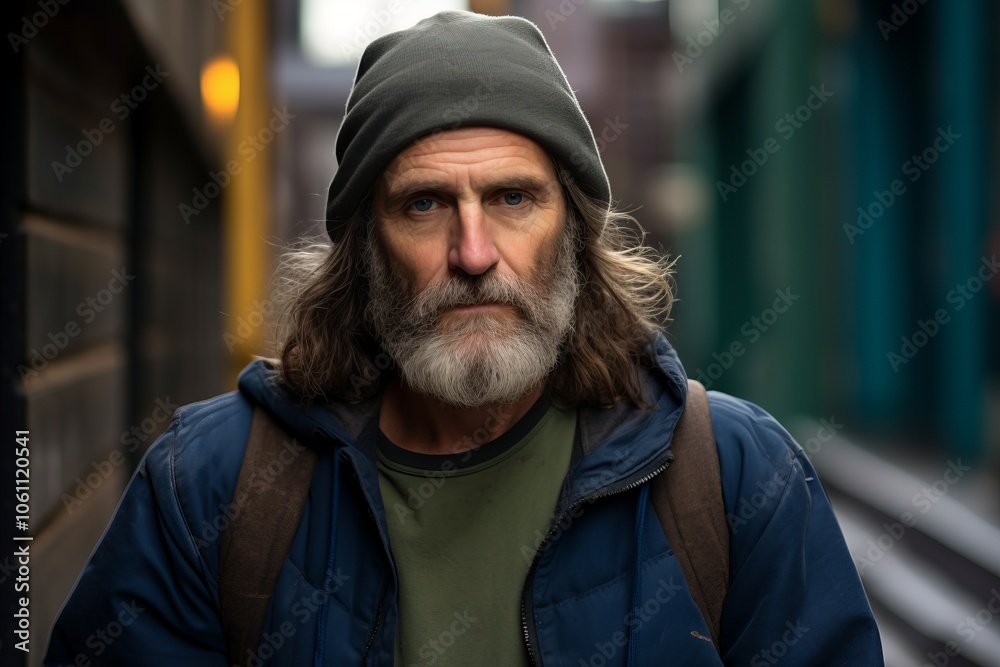 Portrait of an old man with a gray beard and mustache in a blue jacket and a cap on a city street Portrait of an old man with a gray beard and mustache in a blue jacket and a cap on a city street