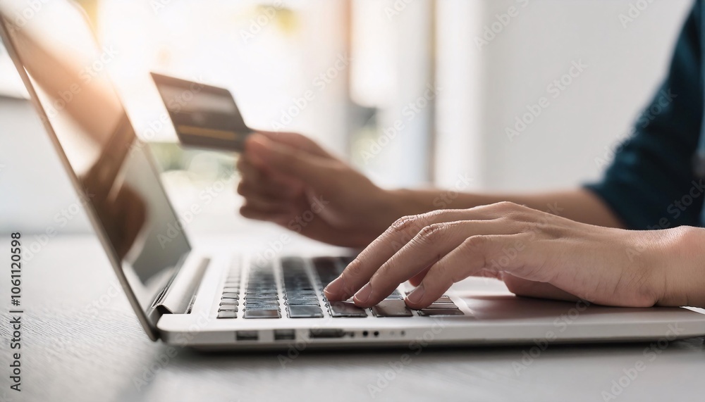 hands using a laptop with a credit card, the process of making an online order hands using a laptop with a credit card, the process of making an online order