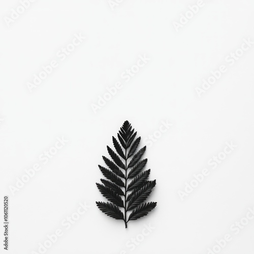 Single black fern leaf on white background.