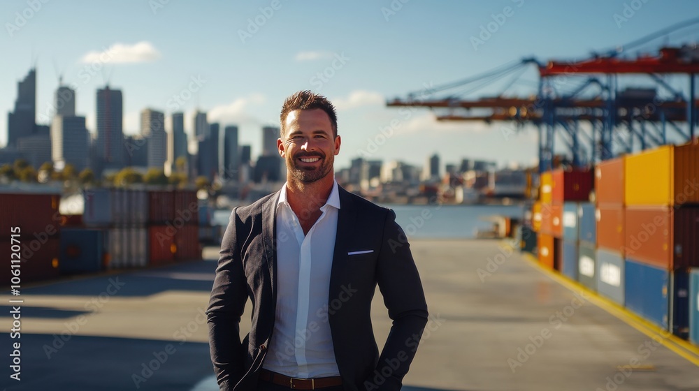 Confident Businessman Smiling at a Shipping Port with City Skyline Confident Businessman Smiling at a Shipping Port with City Skyline